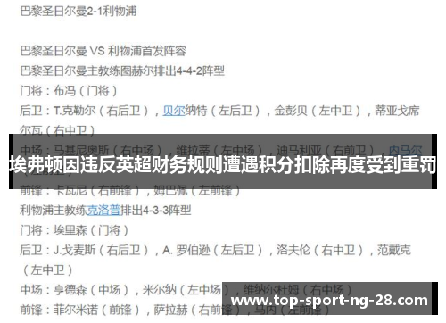 埃弗顿因违反英超财务规则遭遇积分扣除再度受到重罚