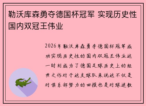 勒沃库森勇夺德国杯冠军 实现历史性国内双冠王伟业