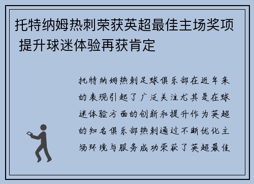 托特纳姆热刺荣获英超最佳主场奖项 提升球迷体验再获肯定